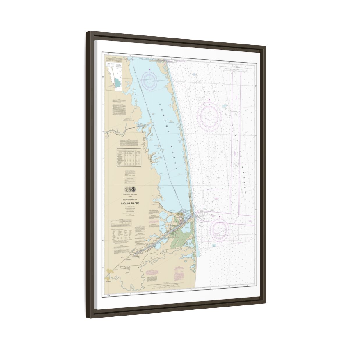 Chart 11301 Southern part of Laguna Madre - NOAA Nautical Chart Floating Frame Canvas | 24" x 32" | 30" x 40" - Espresso side