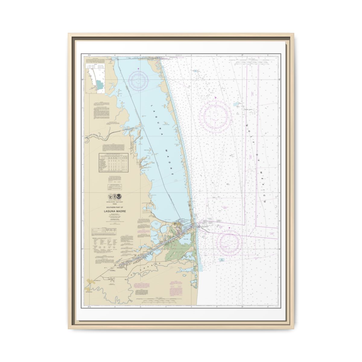 Chart 11301 Southern part of Laguna Madre - NOAA Nautical Chart Floating Frame Canvas | 24" x 32" | 30" x 40" - Natural front