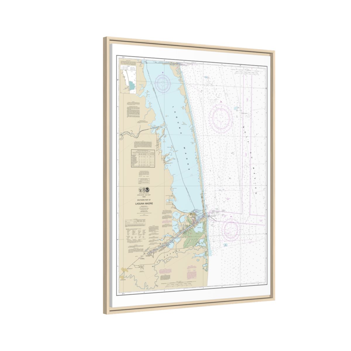 Chart 11301 Southern part of Laguna Madre - NOAA Nautical Chart Floating Frame Canvas | 24" x 32" | 30" x 40" - Natural side