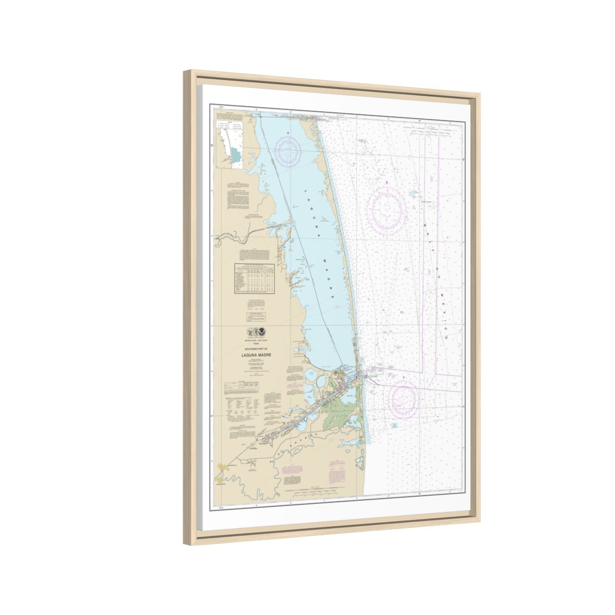 Chart 11301 Southern part of Laguna Madre - NOAA Nautical Chart Floating Frame Canvas | 24" x 32" | 30" x 40" - Natural side