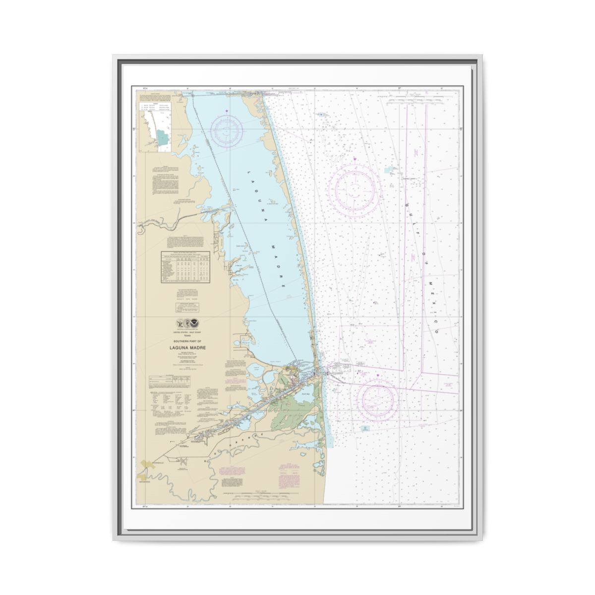 Chart 11301 Southern part of Laguna Madre - NOAA Nautical Chart Floating Frame Canvas | 24" x 32" | 30" x 40" - White front