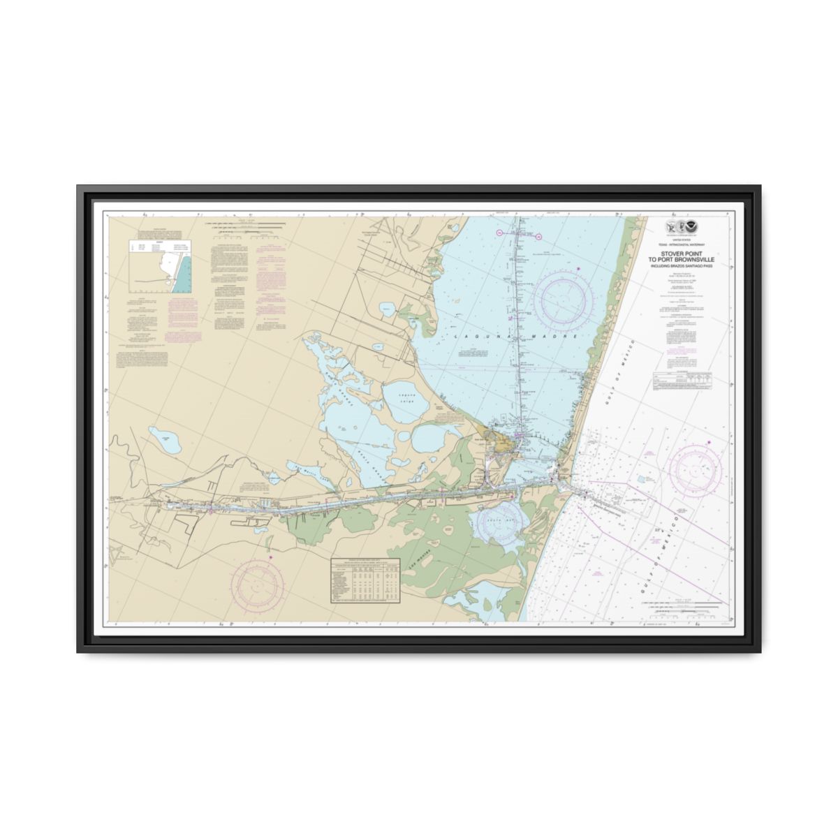 Chart 11302 Intracoastal Waterway Stover Point to Port Brownsville, including Brazos Santiago Pass - NOAA Nautical Chart Floating Frame Canvas | 30" x 20" | 36" x 24" | 48" x 32" - Black front