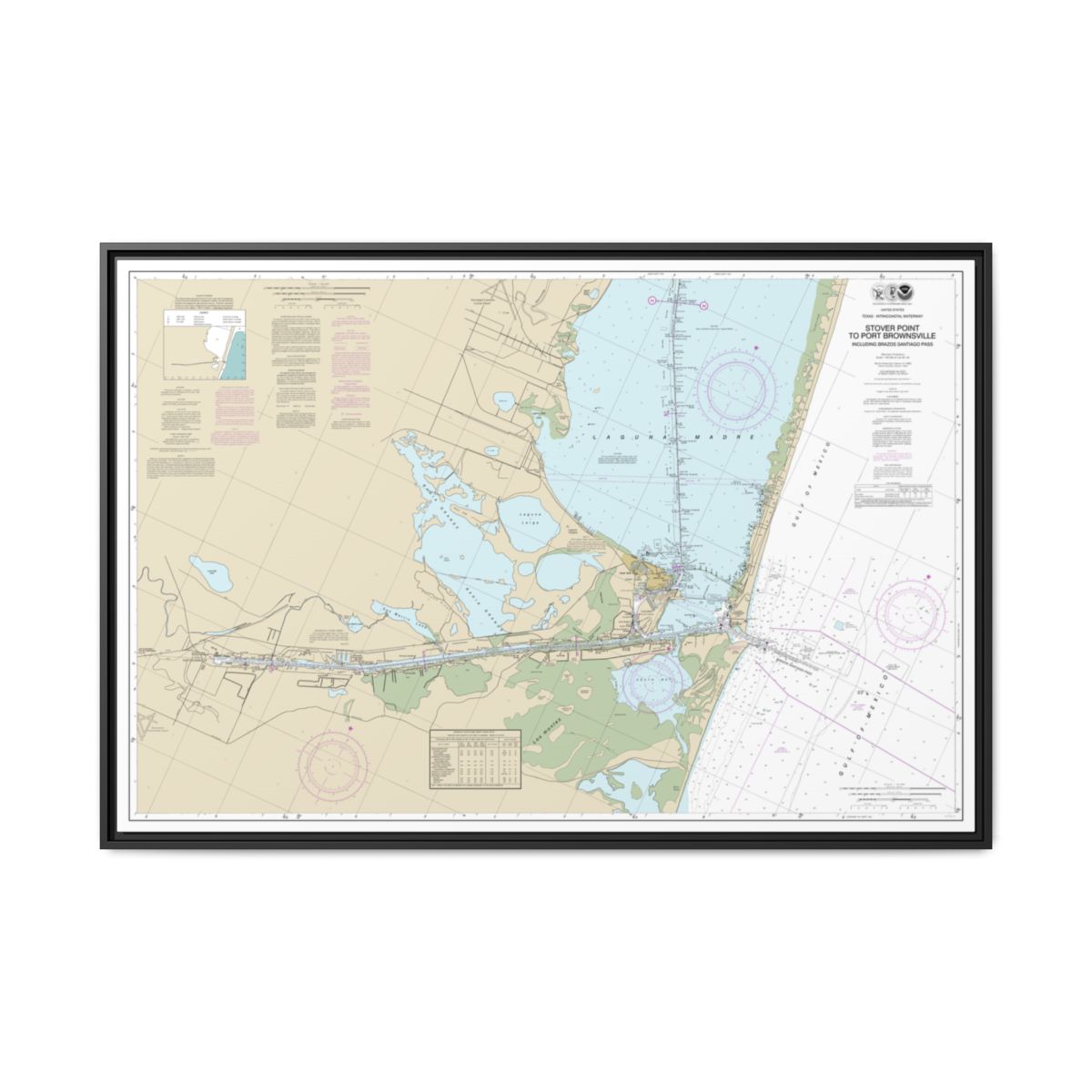 Chart 11302 Intracoastal Waterway Stover Point to Port Brownsville, including Brazos Santiago Pass - NOAA Nautical Chart Floating Frame Canvas | 30" x 20" | 36" x 24" | 48" x 32" - Black front