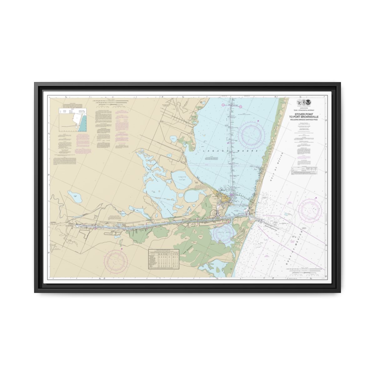 Chart 11302 Intracoastal Waterway Stover Point to Port Brownsville, including Brazos Santiago Pass - NOAA Nautical Chart Floating Frame Canvas | 30" x 20" | 36" x 24" | 48" x 32" - Black front