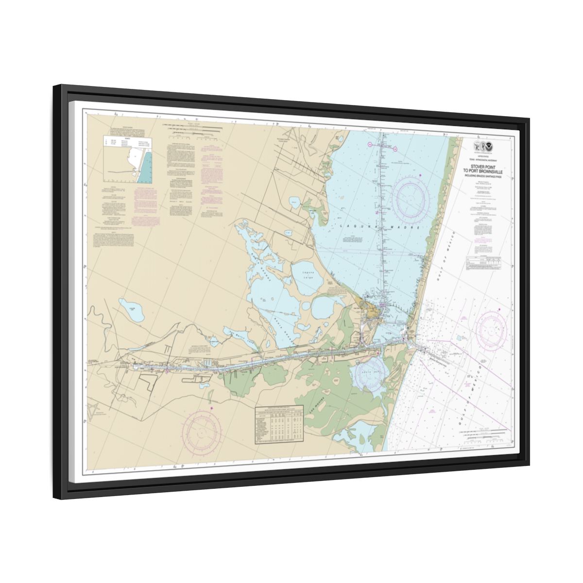 Chart 11302 Intracoastal Waterway Stover Point to Port Brownsville, including Brazos Santiago Pass - NOAA Nautical Chart Floating Frame Canvas | 30" x 20" | 36" x 24" | 48" x 32" - Black side