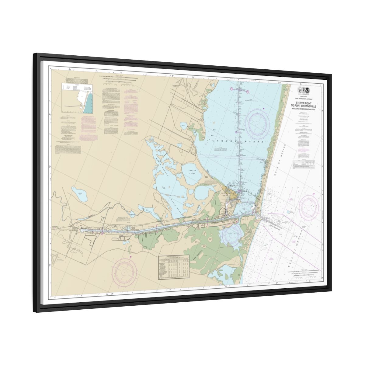 Chart 11302 Intracoastal Waterway Stover Point to Port Brownsville, including Brazos Santiago Pass - NOAA Nautical Chart Floating Frame Canvas | 30" x 20" | 36" x 24" | 48" x 32" - Black side