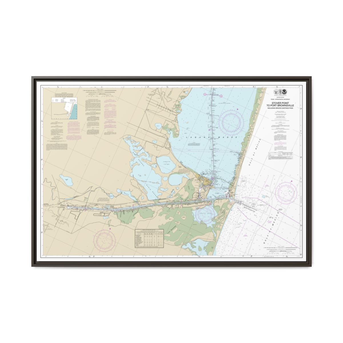 Chart 11302 Intracoastal Waterway Stover Point to Port Brownsville, including Brazos Santiago Pass - NOAA Nautical Chart Floating Frame Canvas | 30" x 20" | 36" x 24" | 48" x 32" - Espresso front