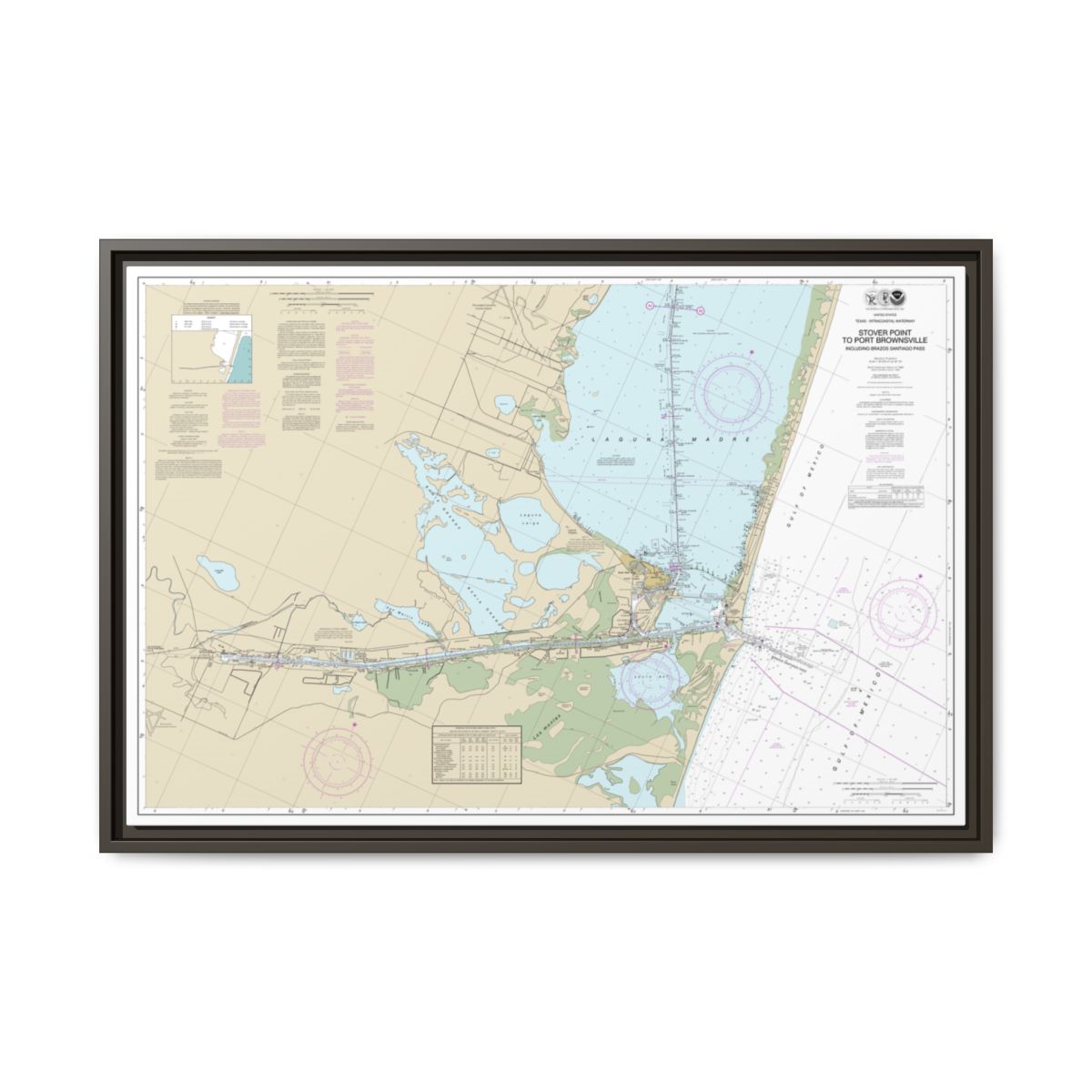 Chart 11302 Intracoastal Waterway Stover Point to Port Brownsville, including Brazos Santiago Pass - NOAA Nautical Chart Floating Frame Canvas | 30" x 20" | 36" x 24" | 48" x 32" - Espresso front