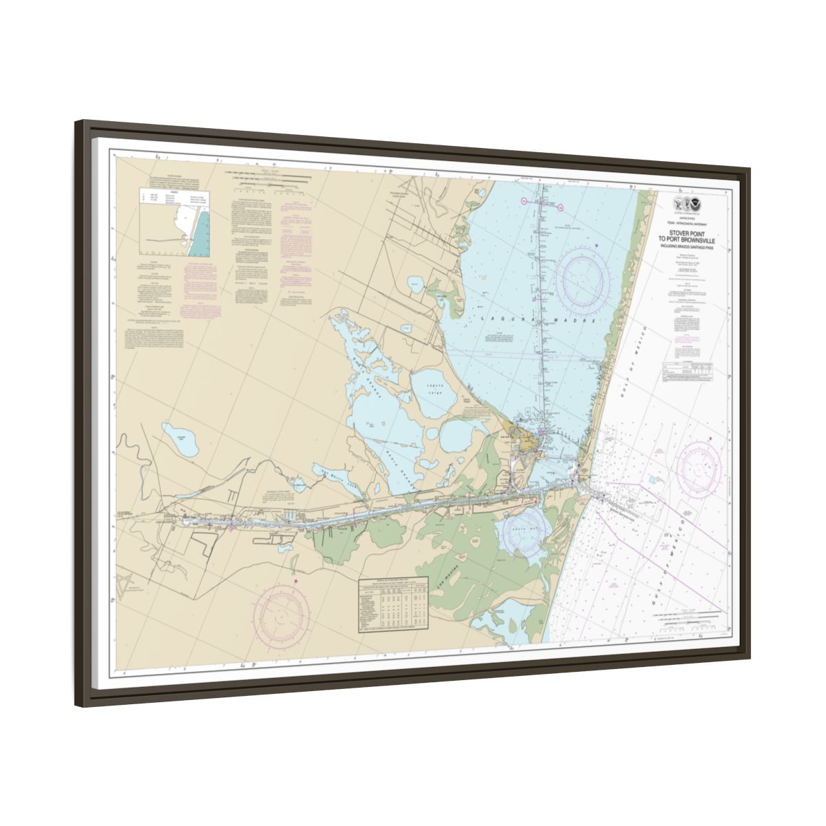 Chart 11302 Intracoastal Waterway Stover Point to Port Brownsville, including Brazos Santiago Pass - NOAA Nautical Chart Floating Frame Canvas | 30" x 20" | 36" x 24" | 48" x 32" - Espresso side