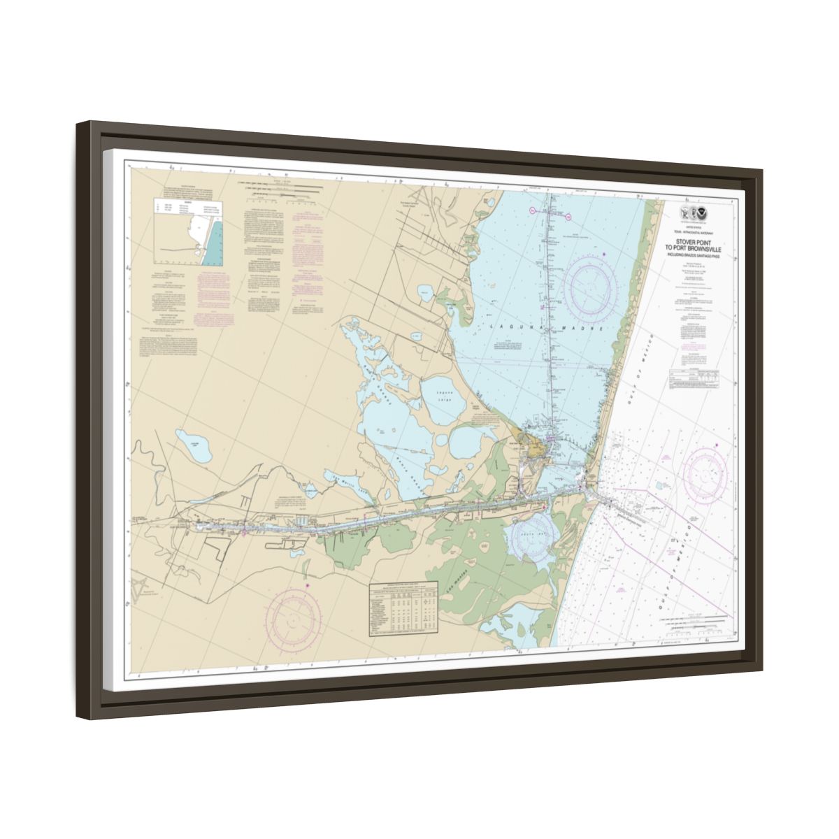 Chart 11302 Intracoastal Waterway Stover Point to Port Brownsville, including Brazos Santiago Pass - NOAA Nautical Chart Floating Frame Canvas | 30" x 20" | 36" x 24" | 48" x 32" - Espresso side