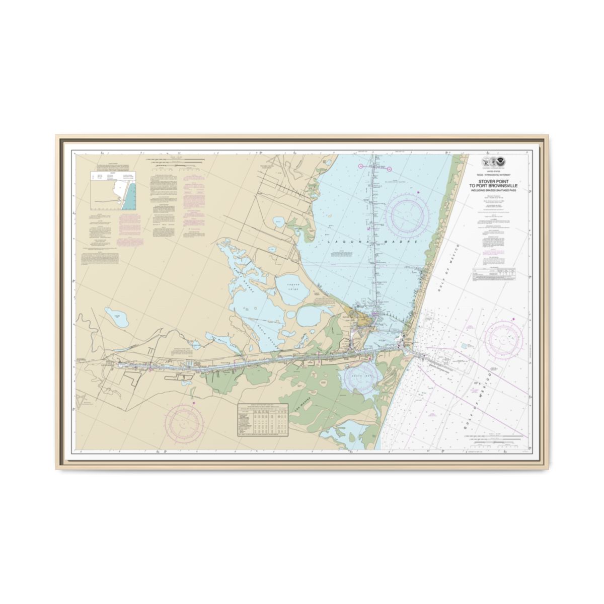 Chart 11302 Intracoastal Waterway Stover Point to Port Brownsville, including Brazos Santiago Pass - NOAA Nautical Chart Floating Frame Canvas | 30" x 20" | 36" x 24" | 48" x 32" - Natural front