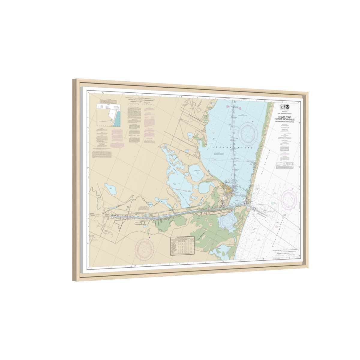 Chart 11302 Intracoastal Waterway Stover Point to Port Brownsville, including Brazos Santiago Pass - NOAA Nautical Chart Floating Frame Canvas | 30" x 20" | 36" x 24" | 48" x 32" - Natural side