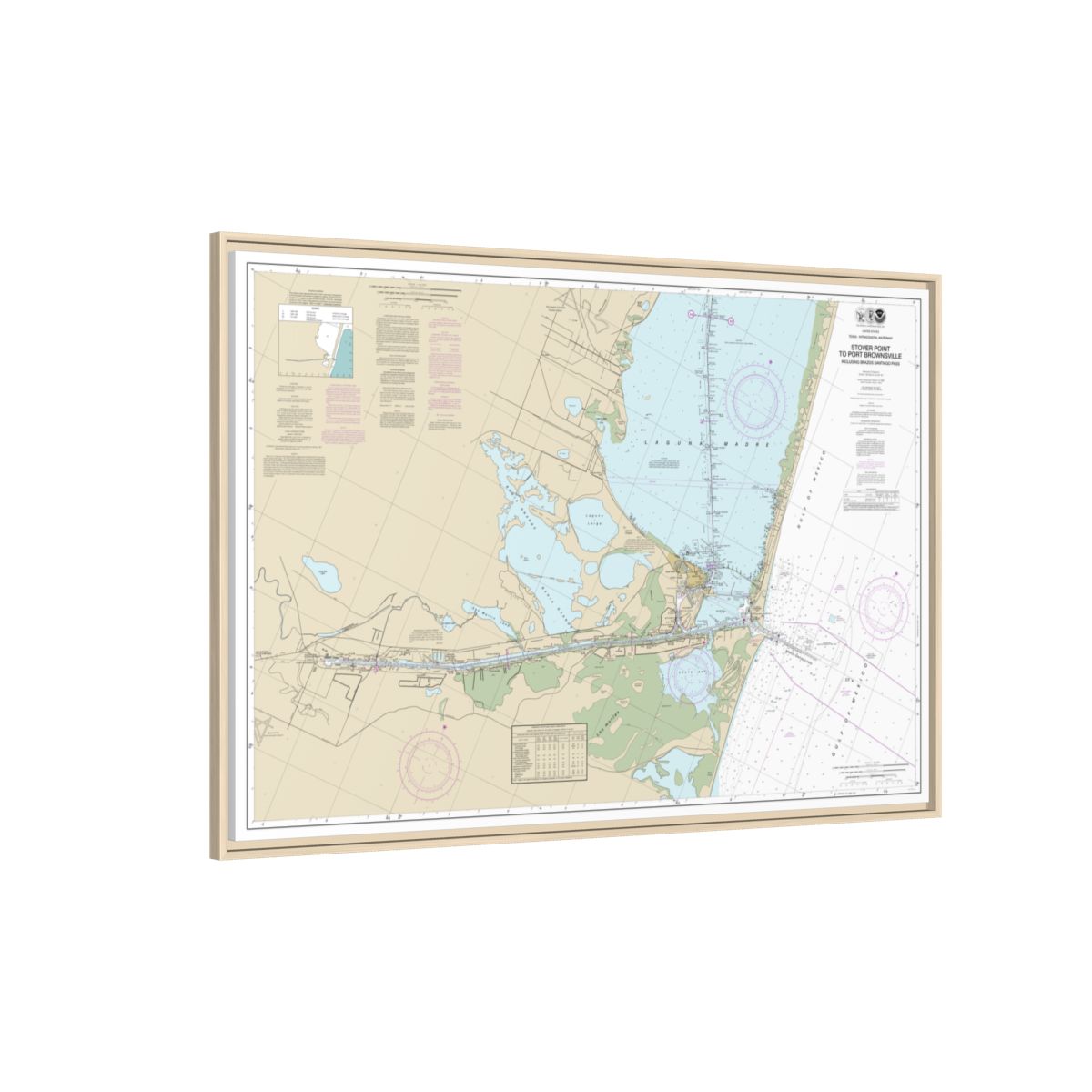 Chart 11302 Intracoastal Waterway Stover Point to Port Brownsville, including Brazos Santiago Pass - NOAA Nautical Chart Floating Frame Canvas | 30" x 20" | 36" x 24" | 48" x 32" - Natural side