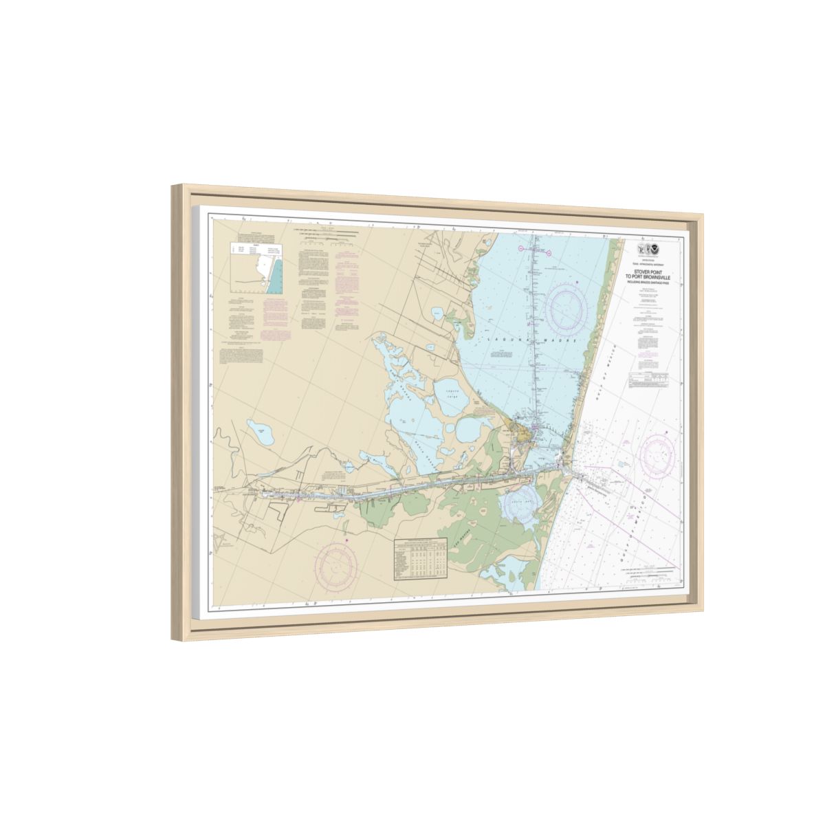 Chart 11302 Intracoastal Waterway Stover Point to Port Brownsville, including Brazos Santiago Pass - NOAA Nautical Chart Floating Frame Canvas | 30" x 20" | 36" x 24" | 48" x 32" - Natural side