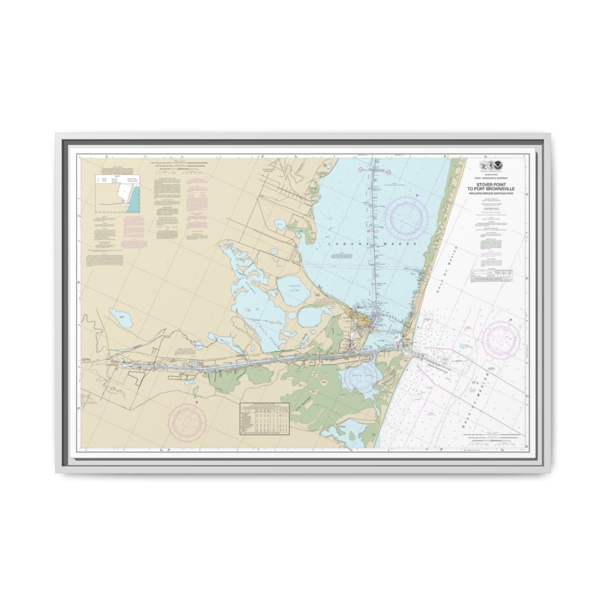 Chart 11302 Intracoastal Waterway Stover Point to Port Brownsville, including Brazos Santiago Pass - NOAA Nautical Chart Floating Frame Canvas | 30" x 20" | 36" x 24" | 48" x 32" - White front