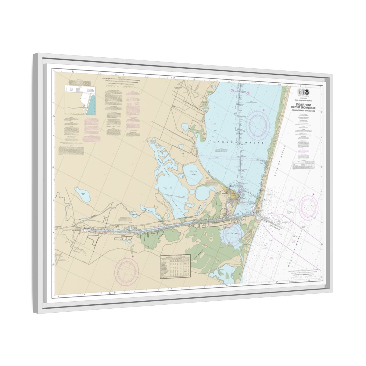 Chart 11302 Intracoastal Waterway Stover Point to Port Brownsville, including Brazos Santiago Pass - NOAA Nautical Chart Floating Frame Canvas | 30" x 20" | 36" x 24" | 48" x 32" - White side