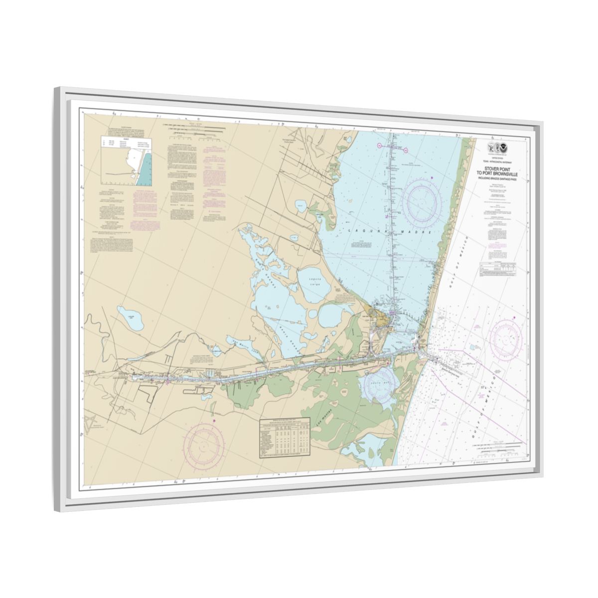 Chart 11302 Intracoastal Waterway Stover Point to Port Brownsville, including Brazos Santiago Pass - NOAA Nautical Chart Floating Frame Canvas | 30" x 20" | 36" x 24" | 48" x 32" - White side