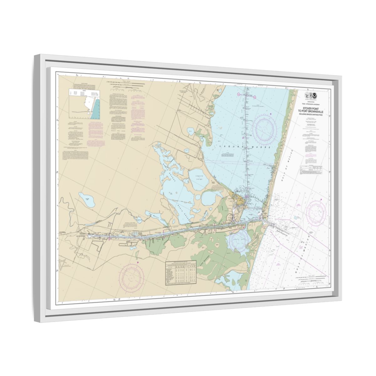 Chart 11302 Intracoastal Waterway Stover Point to Port Brownsville, including Brazos Santiago Pass - NOAA Nautical Chart Floating Frame Canvas | 30" x 20" | 36" x 24" | 48" x 32" - White side