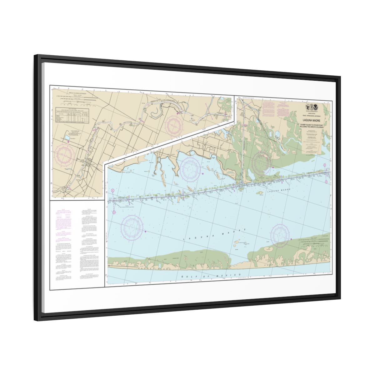 Chart 11303 Intracoastal Waterway Laguna Madre - Chubby Island to Stover Point, including The Arroyo Colorado - NOAA Nautical Chart Floating Frame Canvas | 30" x 20" | 36" x 24" | 48" x 32" - Black side