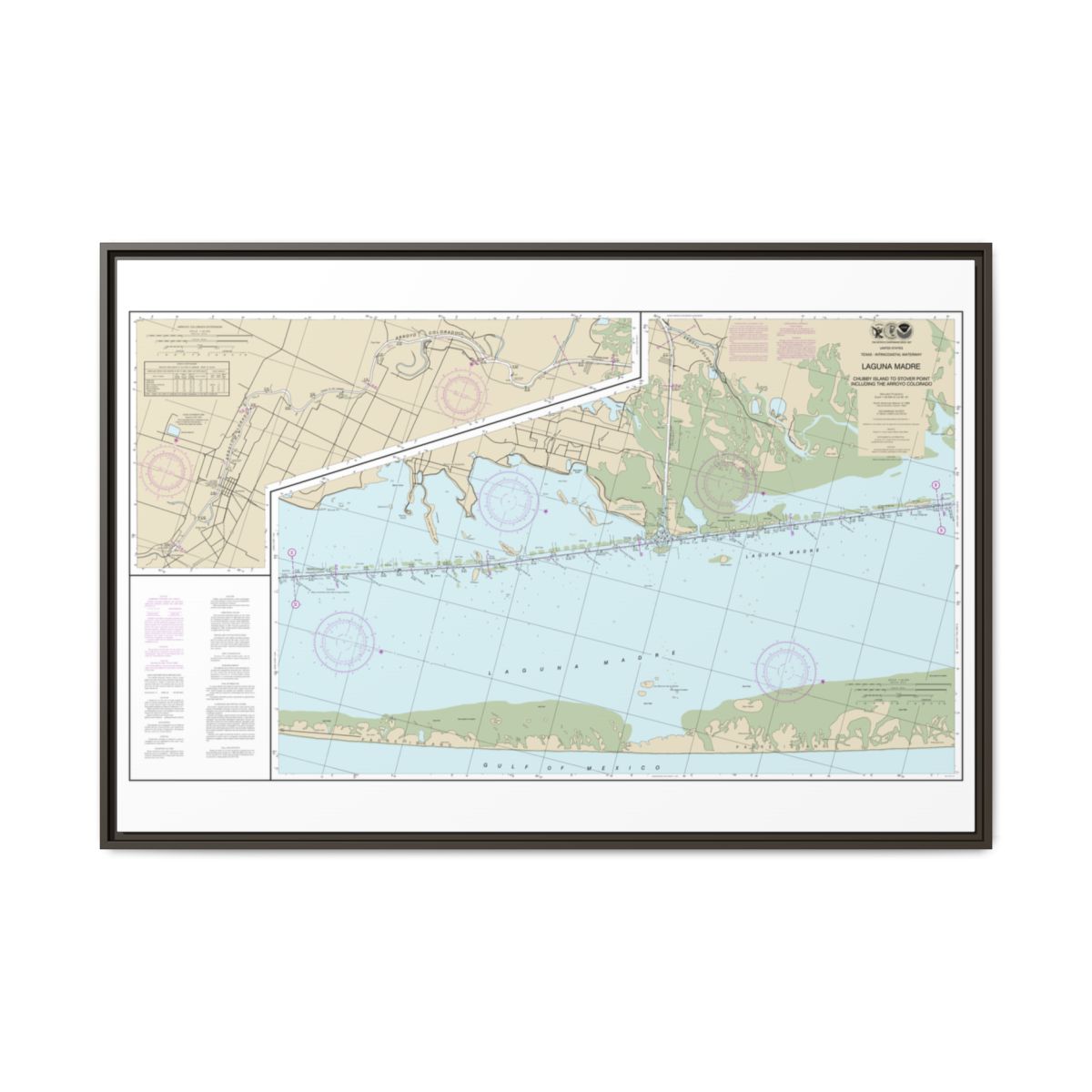 Chart 11303 Intracoastal Waterway Laguna Madre - Chubby Island to Stover Point, including The Arroyo Colorado - NOAA Nautical Chart Floating Frame Canvas | 30" x 20" | 36" x 24" | 48" x 32" - Espresso front