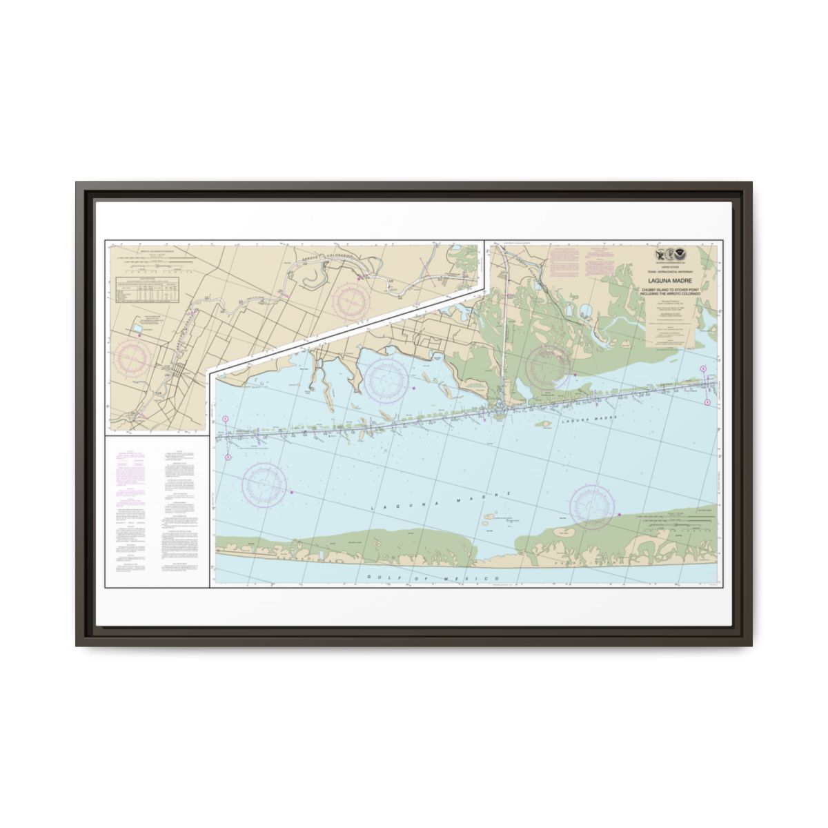 Chart 11303 Intracoastal Waterway Laguna Madre - Chubby Island to Stover Point, including The Arroyo Colorado - NOAA Nautical Chart Floating Frame Canvas | 30" x 20" | 36" x 24" | 48" x 32" - Espresso front