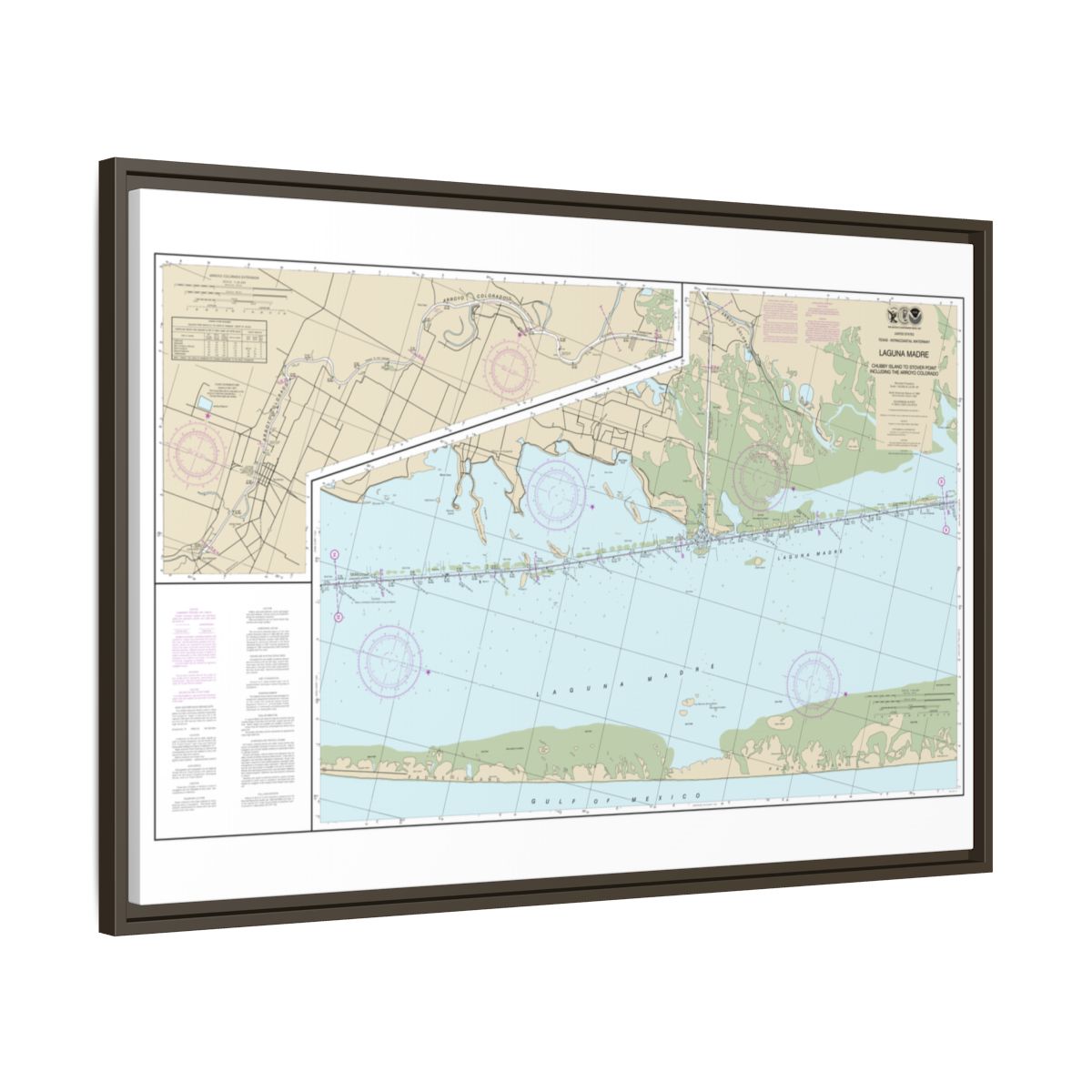 Chart 11303 Intracoastal Waterway Laguna Madre - Chubby Island to Stover Point, including The Arroyo Colorado - NOAA Nautical Chart Floating Frame Canvas | 30" x 20" | 36" x 24" | 48" x 32" - Espresso side