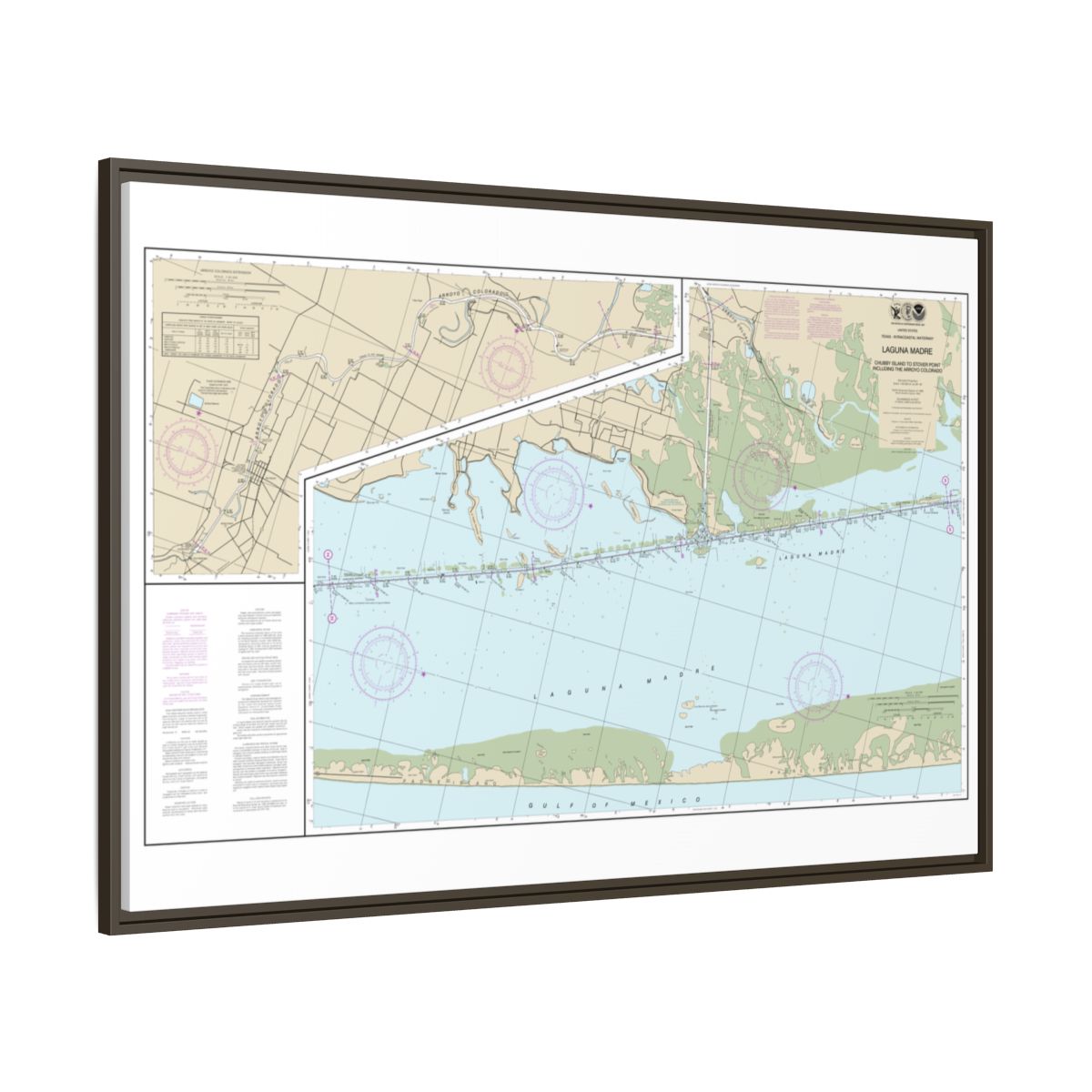 Chart 11303 Intracoastal Waterway Laguna Madre - Chubby Island to Stover Point, including The Arroyo Colorado - NOAA Nautical Chart Floating Frame Canvas | 30" x 20" | 36" x 24" | 48" x 32" - Espresso side
