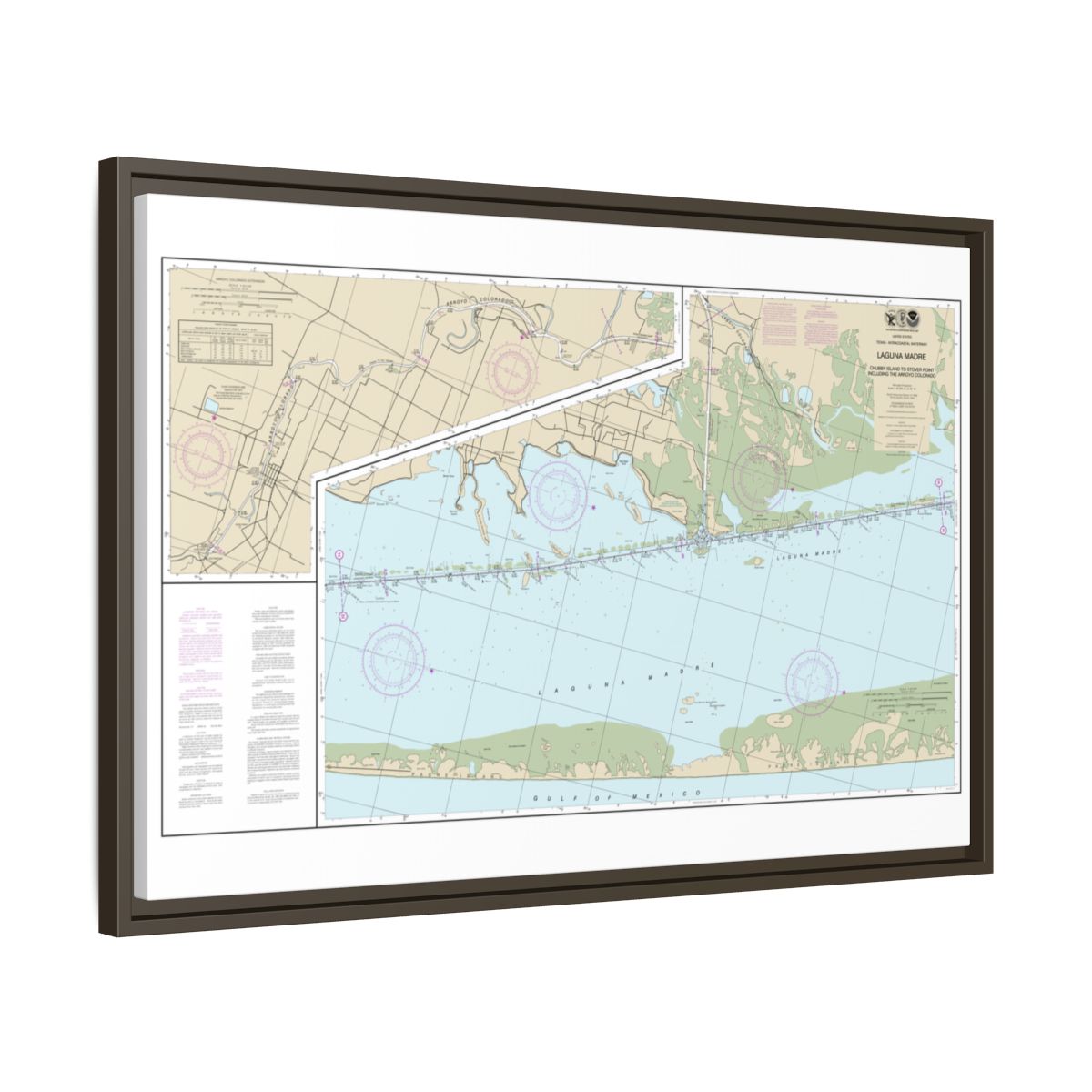 Chart 11303 Intracoastal Waterway Laguna Madre - Chubby Island to Stover Point, including The Arroyo Colorado - NOAA Nautical Chart Floating Frame Canvas | 30" x 20" | 36" x 24" | 48" x 32" - Espresso side