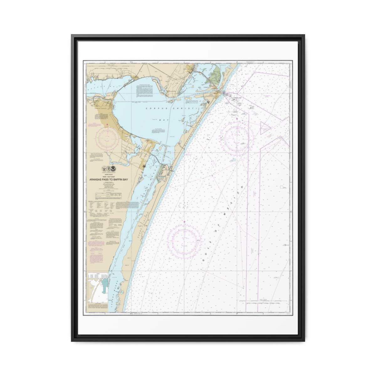 Chart 11307 Aransas Pass to Baffin Bay - NOAA Nautical Chart Floating Frame Canvas | 24" x 32" | 30" x 40" - Black front