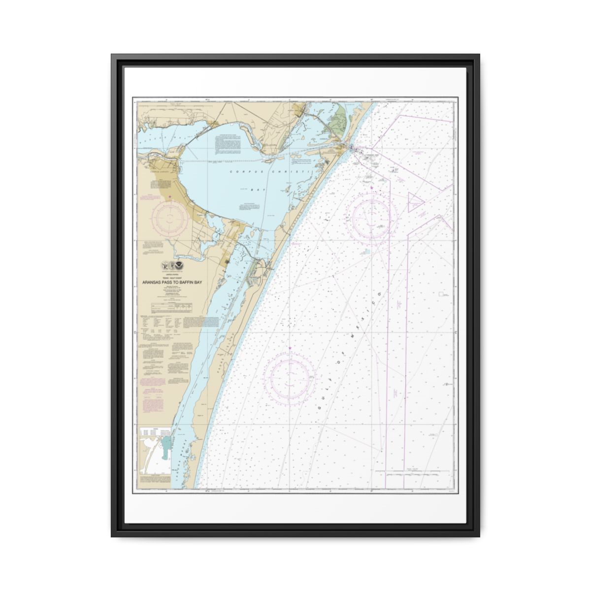 Chart 11307 Aransas Pass to Baffin Bay - NOAA Nautical Chart Floating Frame Canvas | 24" x 32" | 30" x 40" - Black front