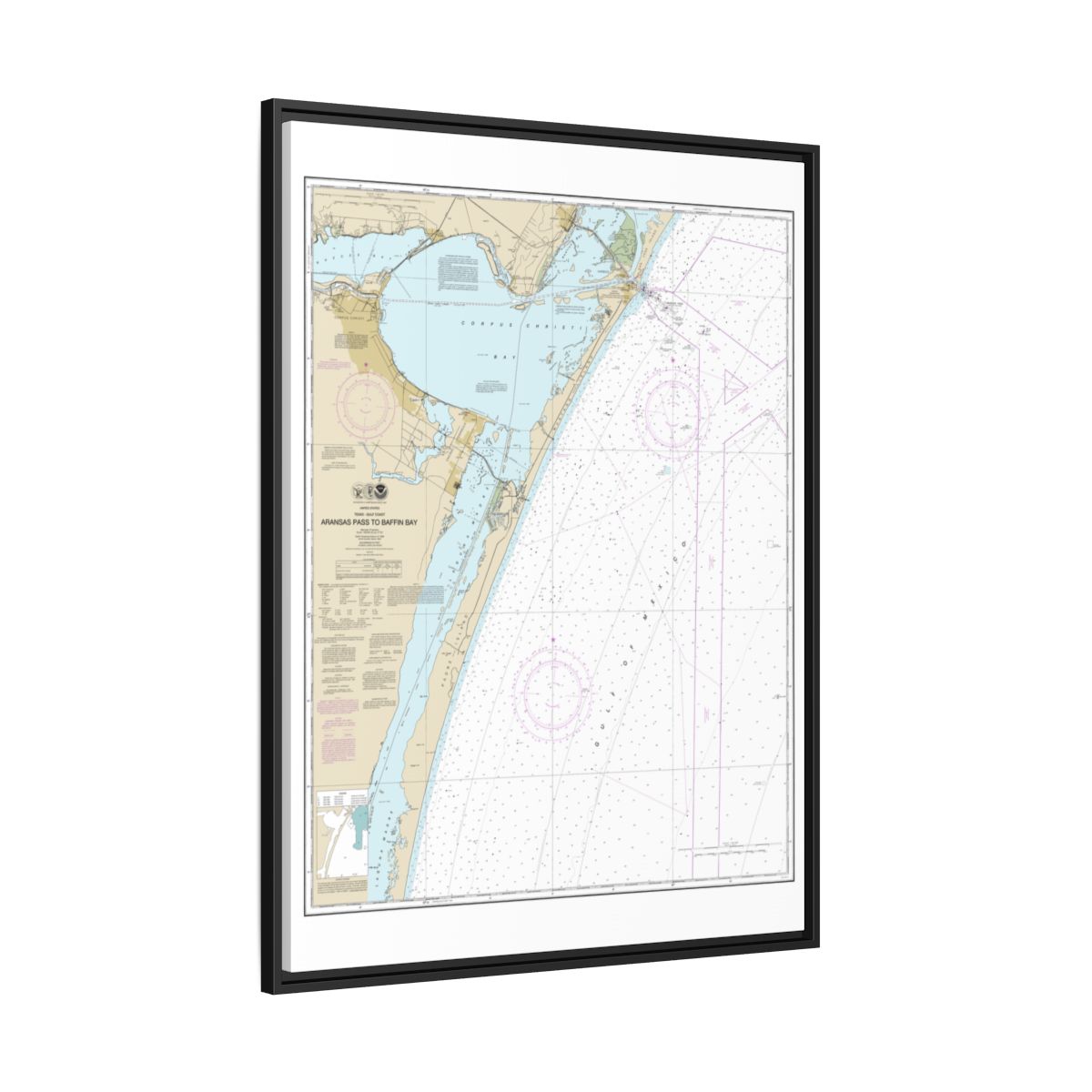 Chart 11307 Aransas Pass to Baffin Bay - NOAA Nautical Chart Floating Frame Canvas | 24" x 32" | 30" x 40" - Black side