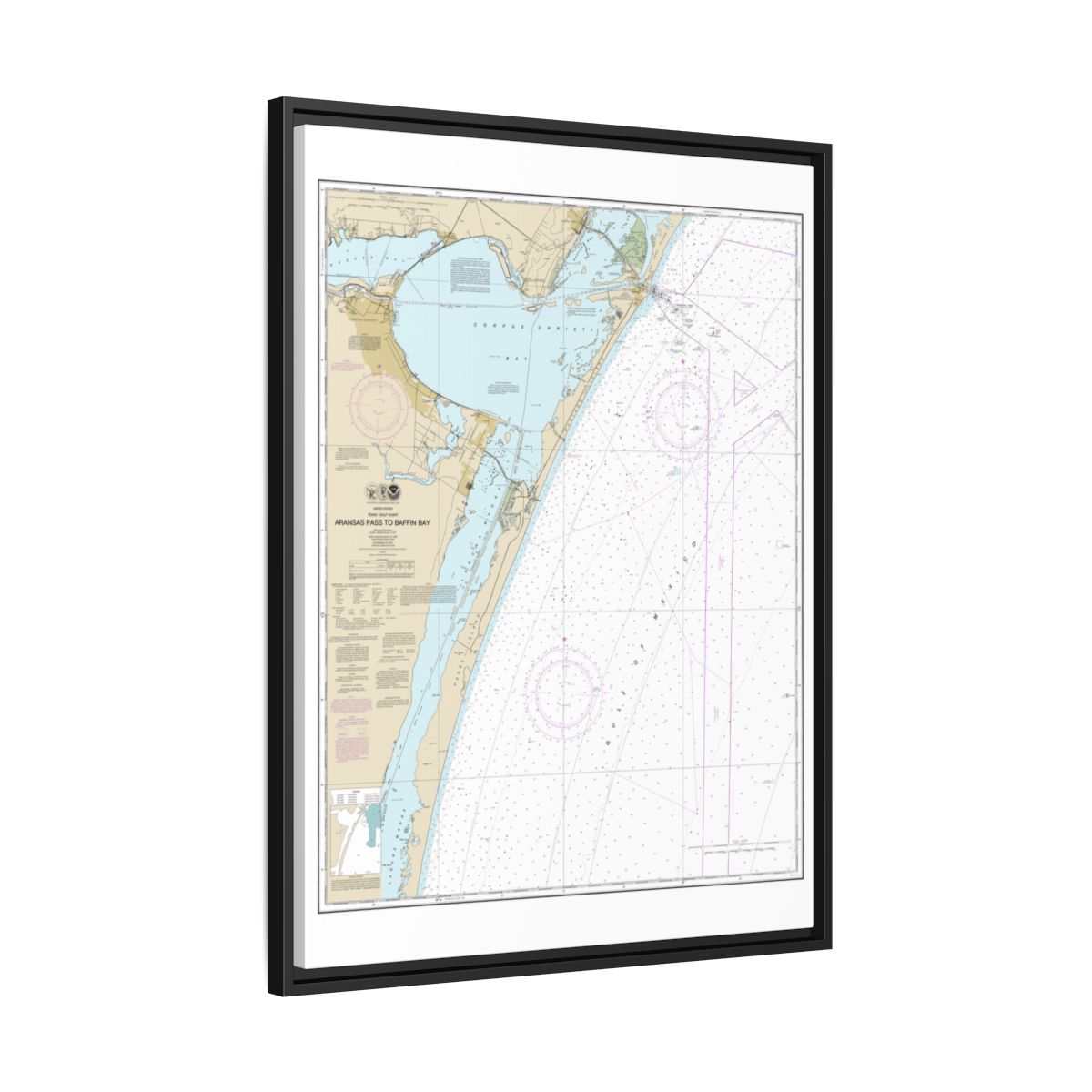 Chart 11307 Aransas Pass to Baffin Bay - NOAA Nautical Chart Floating Frame Canvas | 24" x 32" | 30" x 40" - Black side
