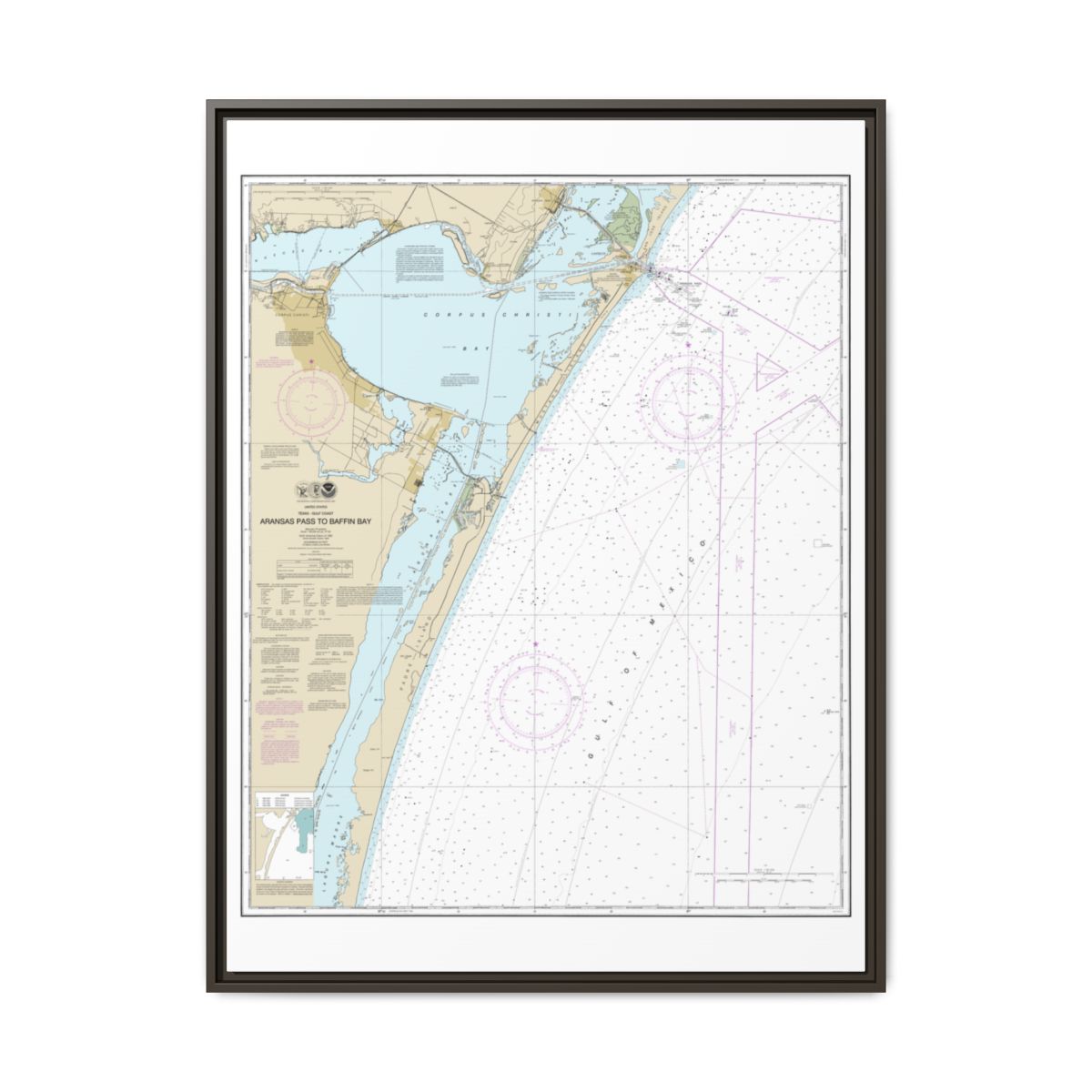 Chart 11307 Aransas Pass to Baffin Bay - NOAA Nautical Chart Floating Frame Canvas | 24" x 32" | 30" x 40" - Espresso front