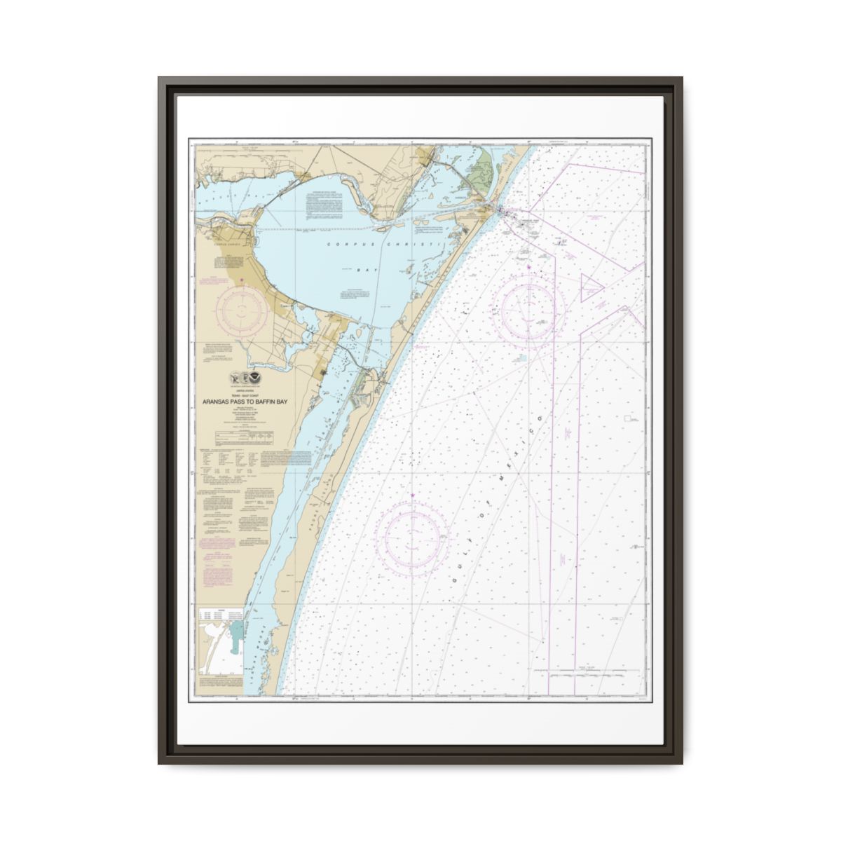 Chart 11307 Aransas Pass to Baffin Bay - NOAA Nautical Chart Floating Frame Canvas | 24" x 32" | 30" x 40" - Espresso front