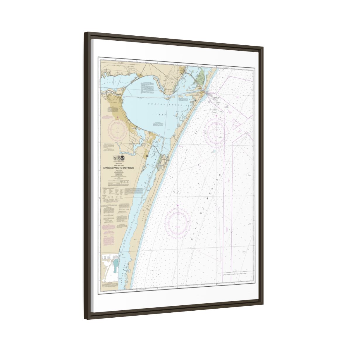 Chart 11307 Aransas Pass to Baffin Bay - NOAA Nautical Chart Floating Frame Canvas | 24" x 32" | 30" x 40" - Espresso side