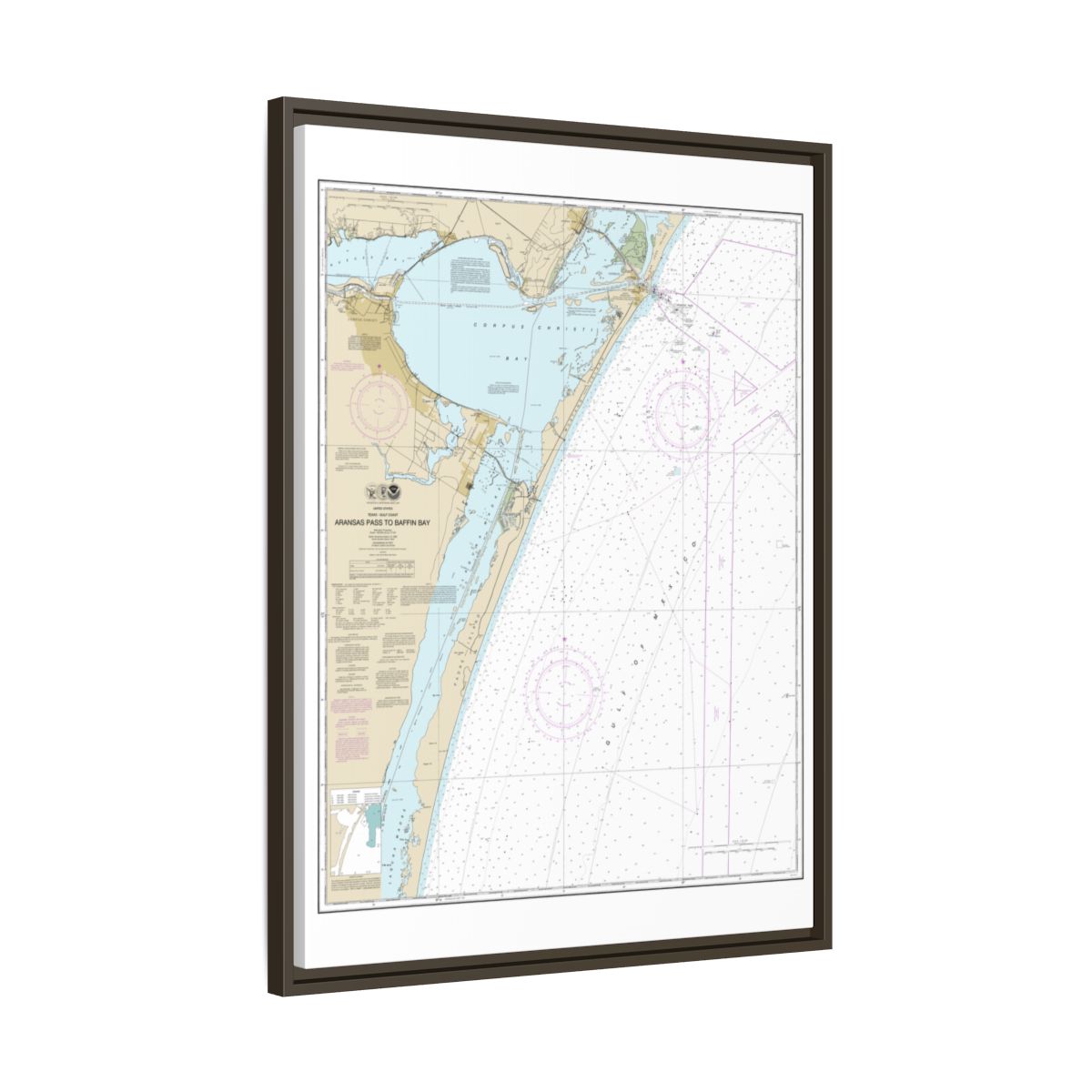 Chart 11307 Aransas Pass to Baffin Bay - NOAA Nautical Chart Floating Frame Canvas | 24" x 32" | 30" x 40" - Espresso side