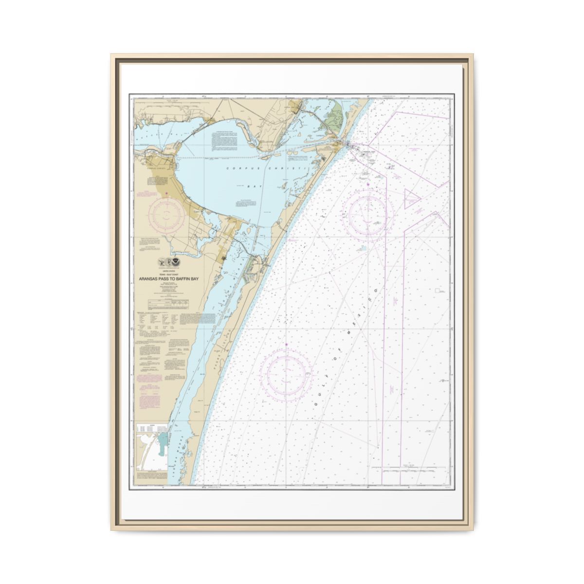 Chart 11307 Aransas Pass to Baffin Bay - NOAA Nautical Chart Floating Frame Canvas | 24" x 32" | 30" x 40" - Natural front