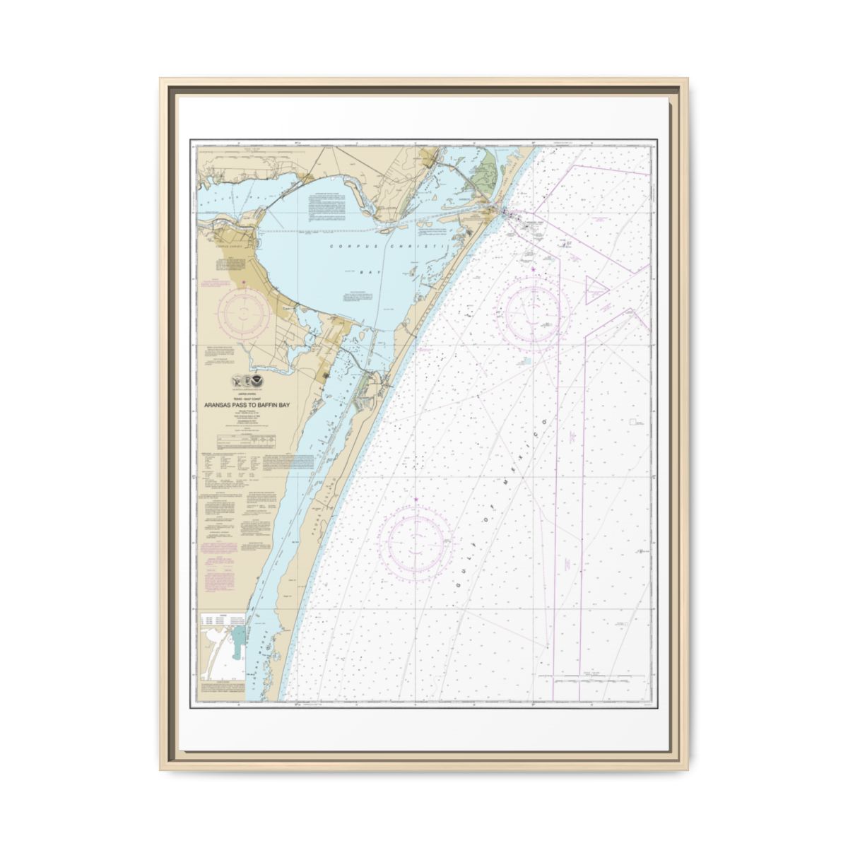 Chart 11307 Aransas Pass to Baffin Bay - NOAA Nautical Chart Floating Frame Canvas | 24" x 32" | 30" x 40" - Natural front