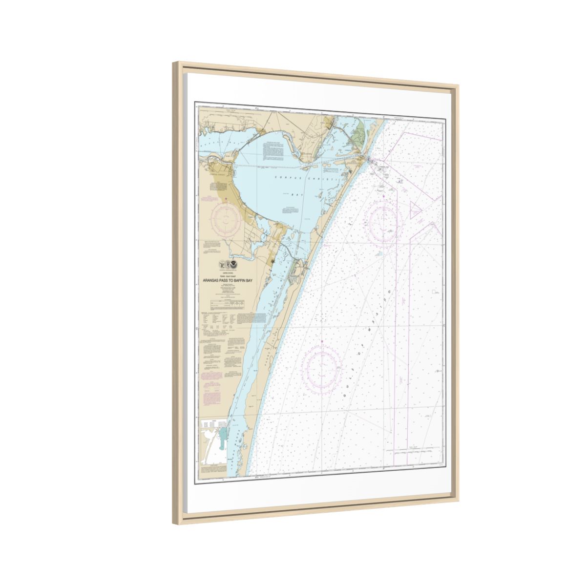 Chart 11307 Aransas Pass to Baffin Bay - NOAA Nautical Chart Floating Frame Canvas | 24" x 32" | 30" x 40" - Natural side