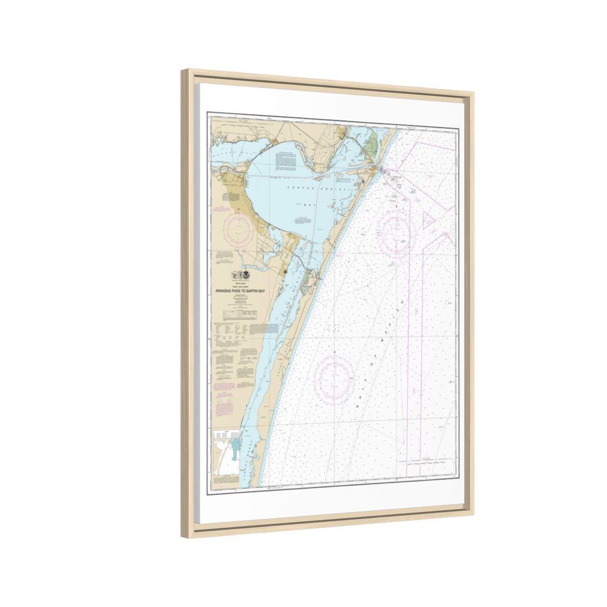 Chart 11307 Aransas Pass to Baffin Bay - NOAA Nautical Chart Floating Frame Canvas | 24" x 32" | 30" x 40" - Natural side