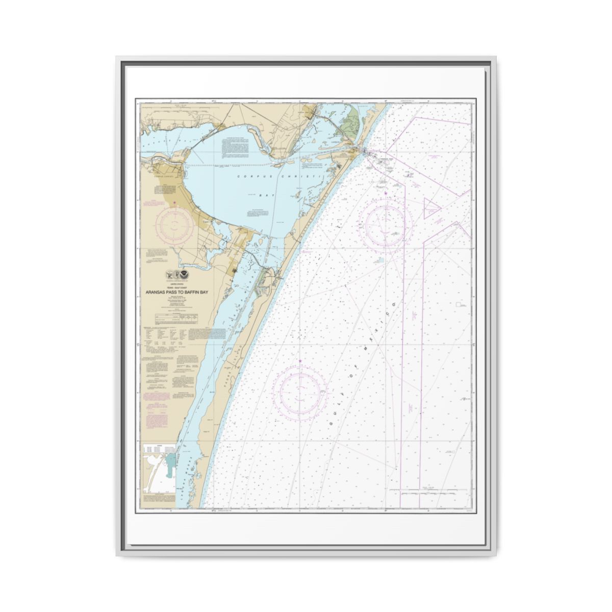 Chart 11307 Aransas Pass to Baffin Bay - NOAA Nautical Chart Floating Frame Canvas | 24" x 32" | 30" x 40" - White front