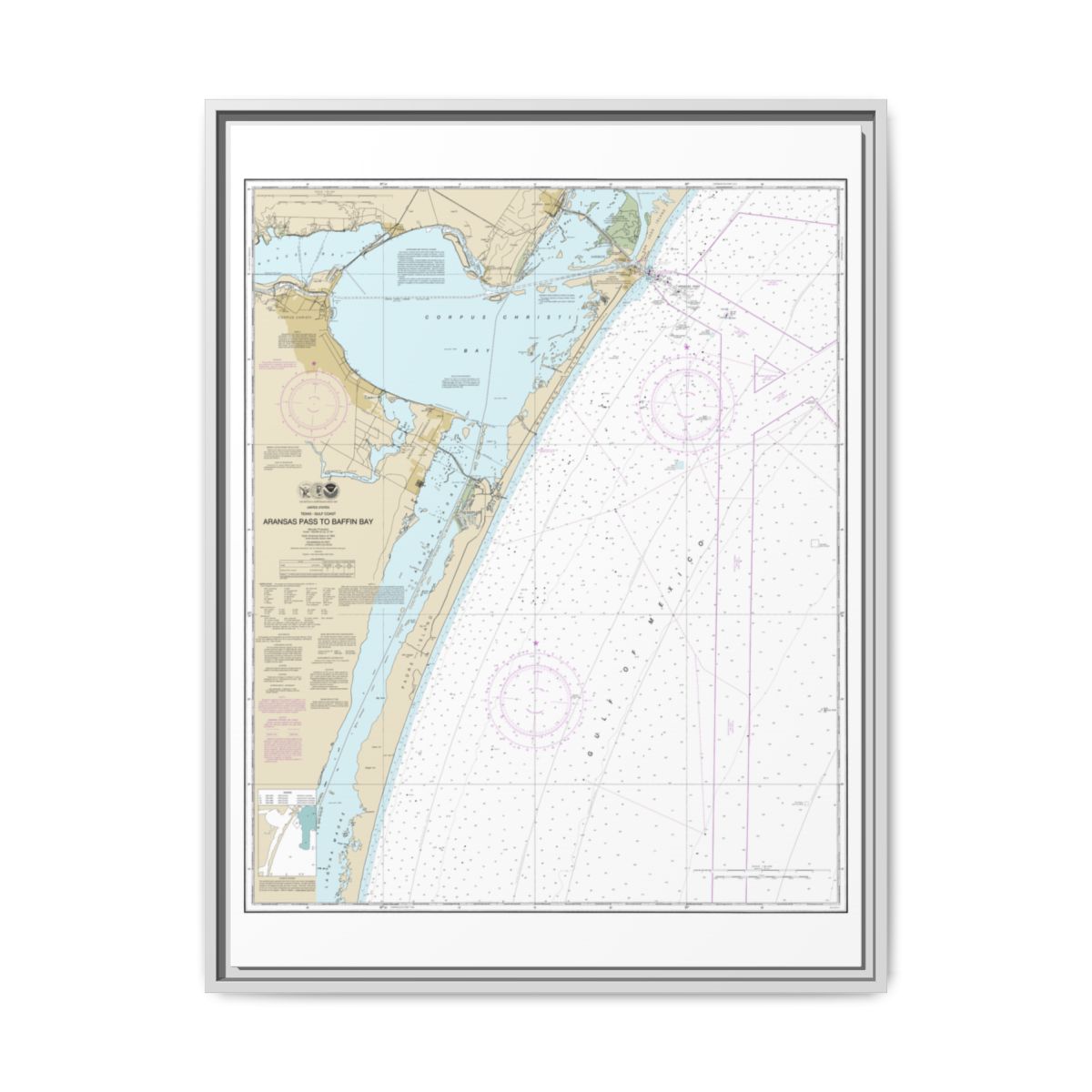 Chart 11307 Aransas Pass to Baffin Bay - NOAA Nautical Chart Floating Frame Canvas | 24" x 32" | 30" x 40" - White front