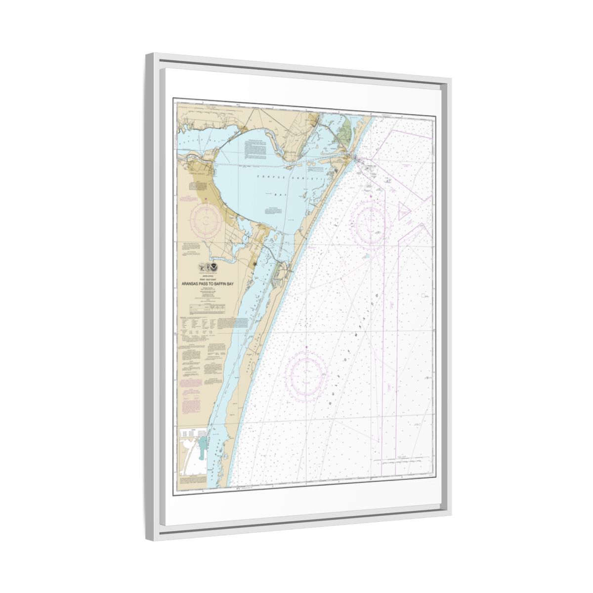Chart 11307 Aransas Pass to Baffin Bay - NOAA Nautical Chart Floating Frame Canvas | 24" x 32" | 30" x 40" - White side