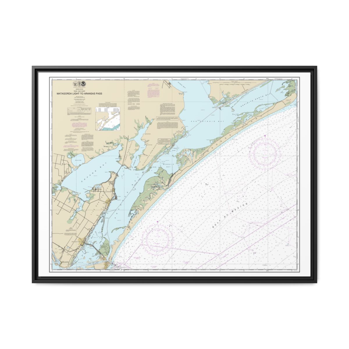 Chart 11313 Matagorda Light to Aransas Pass - NOAA Nautical Chart Floating Frame Canvas | 32" x 24" | 40" x 30" - Black front