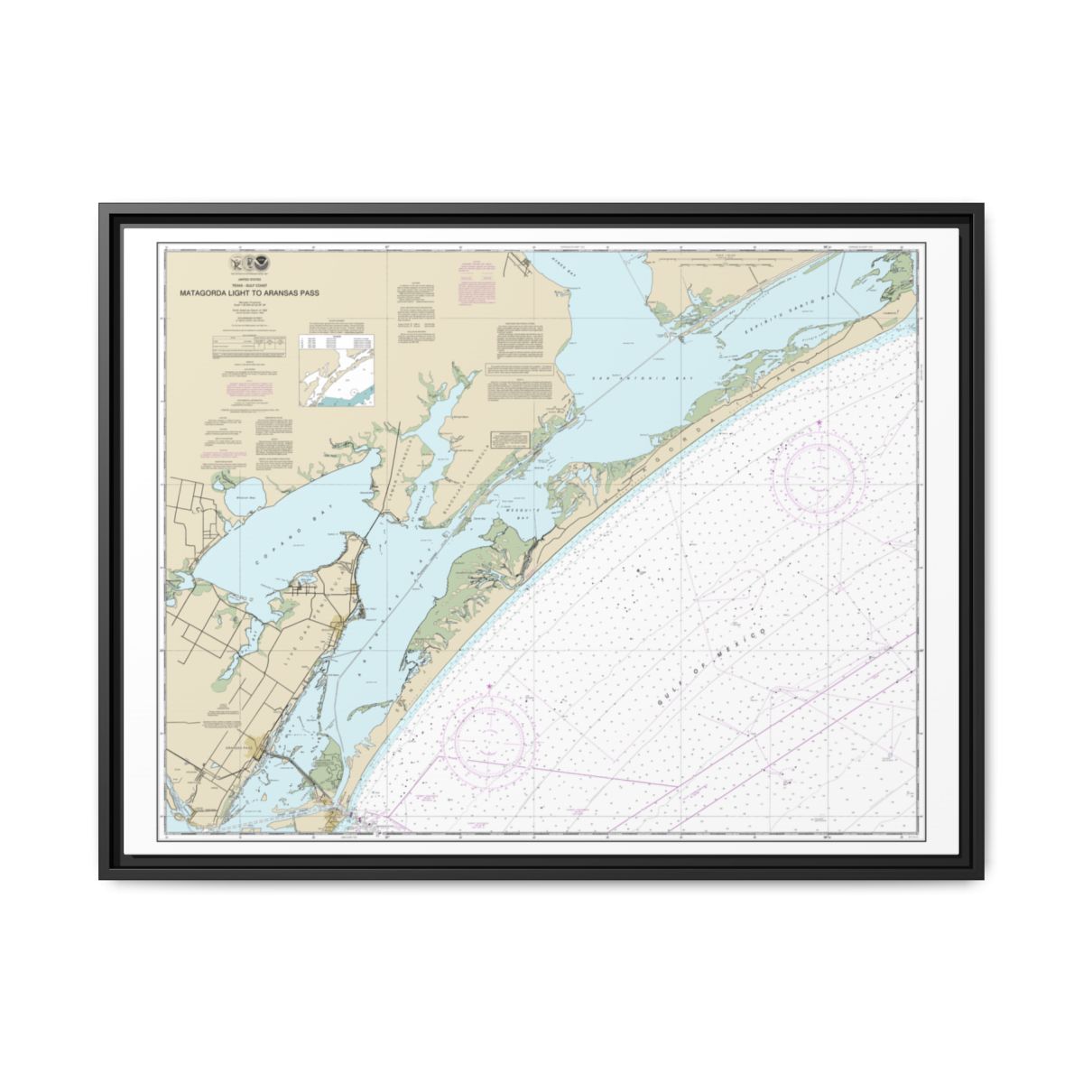 Chart 11313 Matagorda Light to Aransas Pass - NOAA Nautical Chart Floating Frame Canvas | 32" x 24" | 40" x 30" - Black front