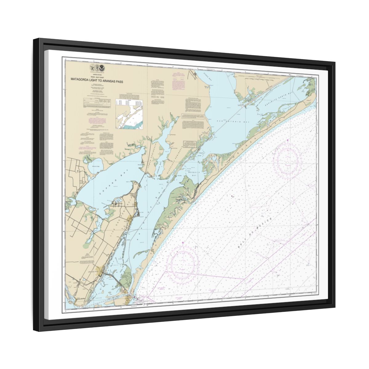 Chart 11313 Matagorda Light to Aransas Pass - NOAA Nautical Chart Floating Frame Canvas | 32" x 24" | 40" x 30" - Black side