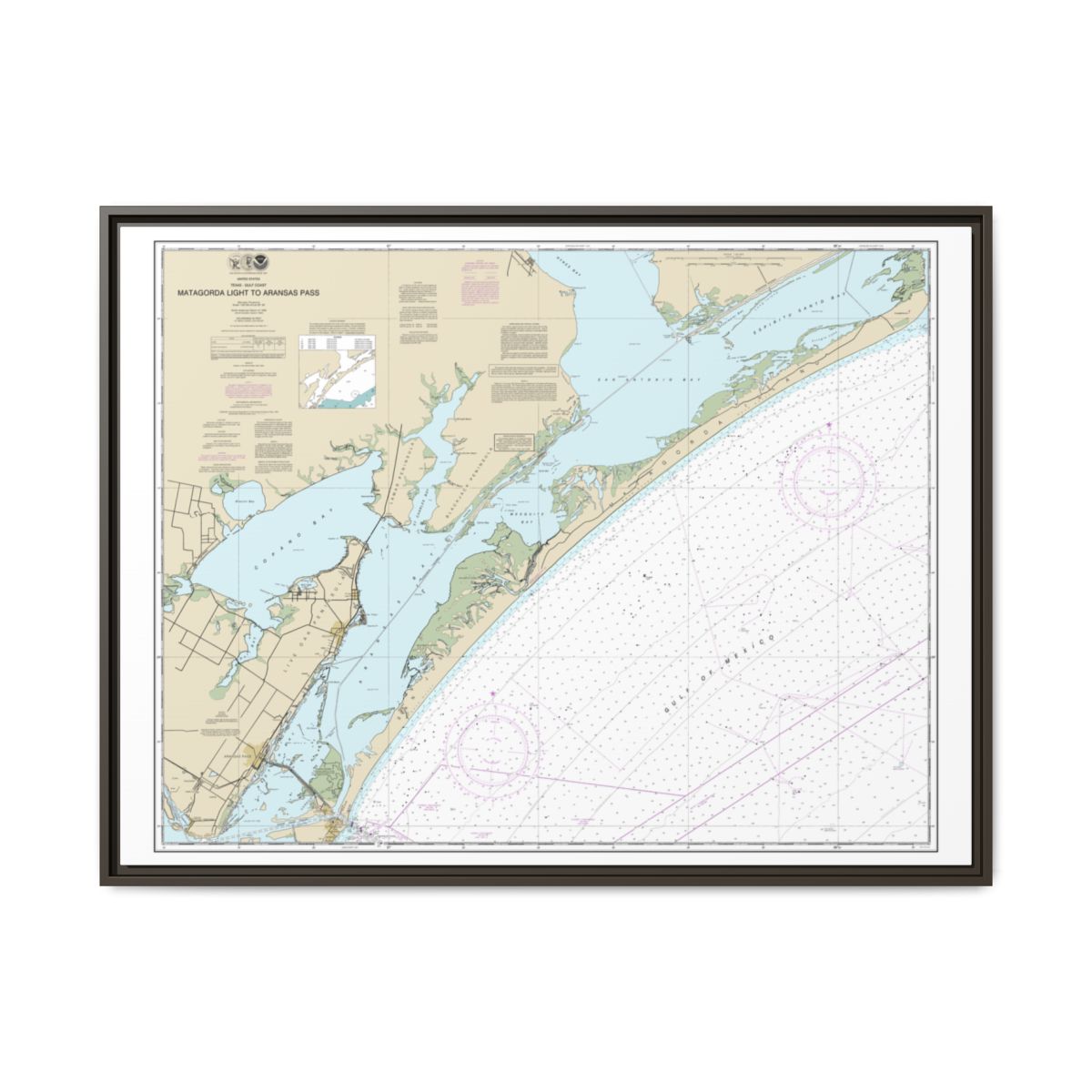 Chart 11313 Matagorda Light to Aransas Pass - NOAA Nautical Chart Floating Frame Canvas | 32" x 24" | 40" x 30" - Espresso front