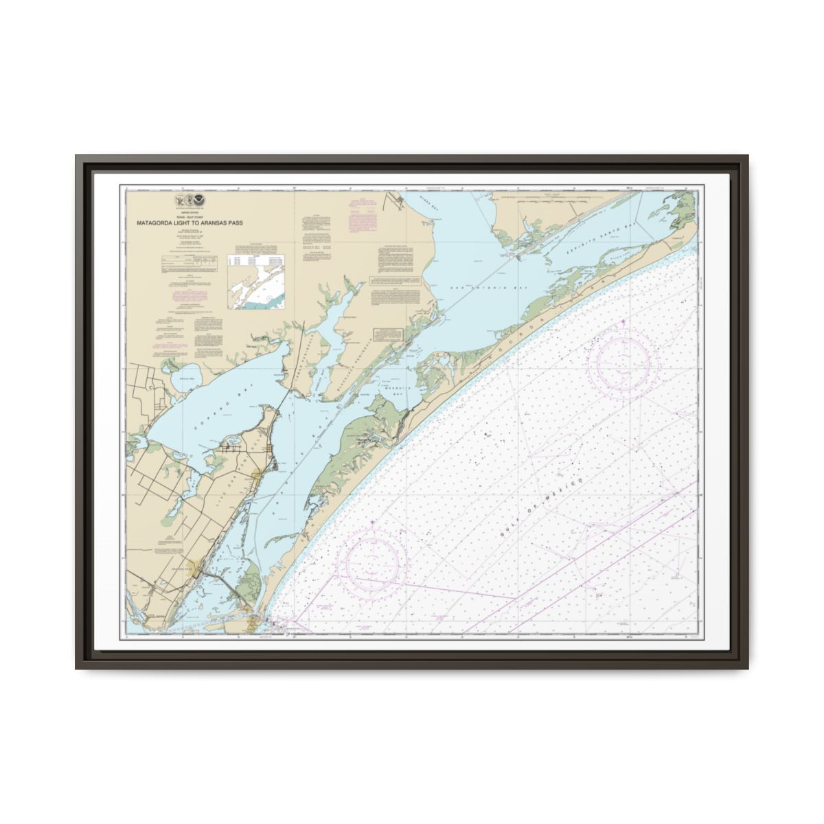 Chart 11313 Matagorda Light to Aransas Pass - NOAA Nautical Chart Floating Frame Canvas | 32" x 24" | 40" x 30" - Espresso front