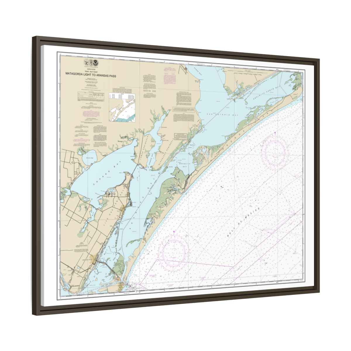 Chart 11313 Matagorda Light to Aransas Pass - NOAA Nautical Chart Floating Frame Canvas | 32" x 24" | 40" x 30" - Espresso side