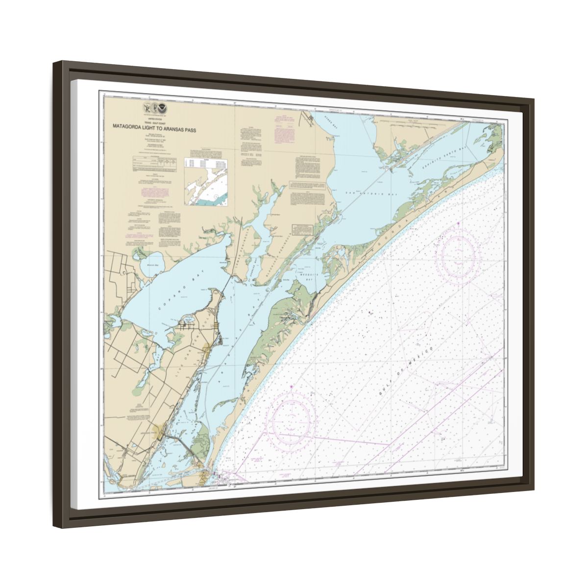 Chart 11313 Matagorda Light to Aransas Pass - NOAA Nautical Chart Floating Frame Canvas | 32" x 24" | 40" x 30" - Espresso side